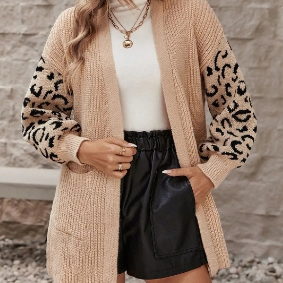 New! Leopard Sleeve Beige Cardigan - Picture 3 of 6